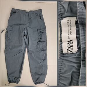 Zara Steel Blue Straight-Leg Cargo Jumpsuit Pants